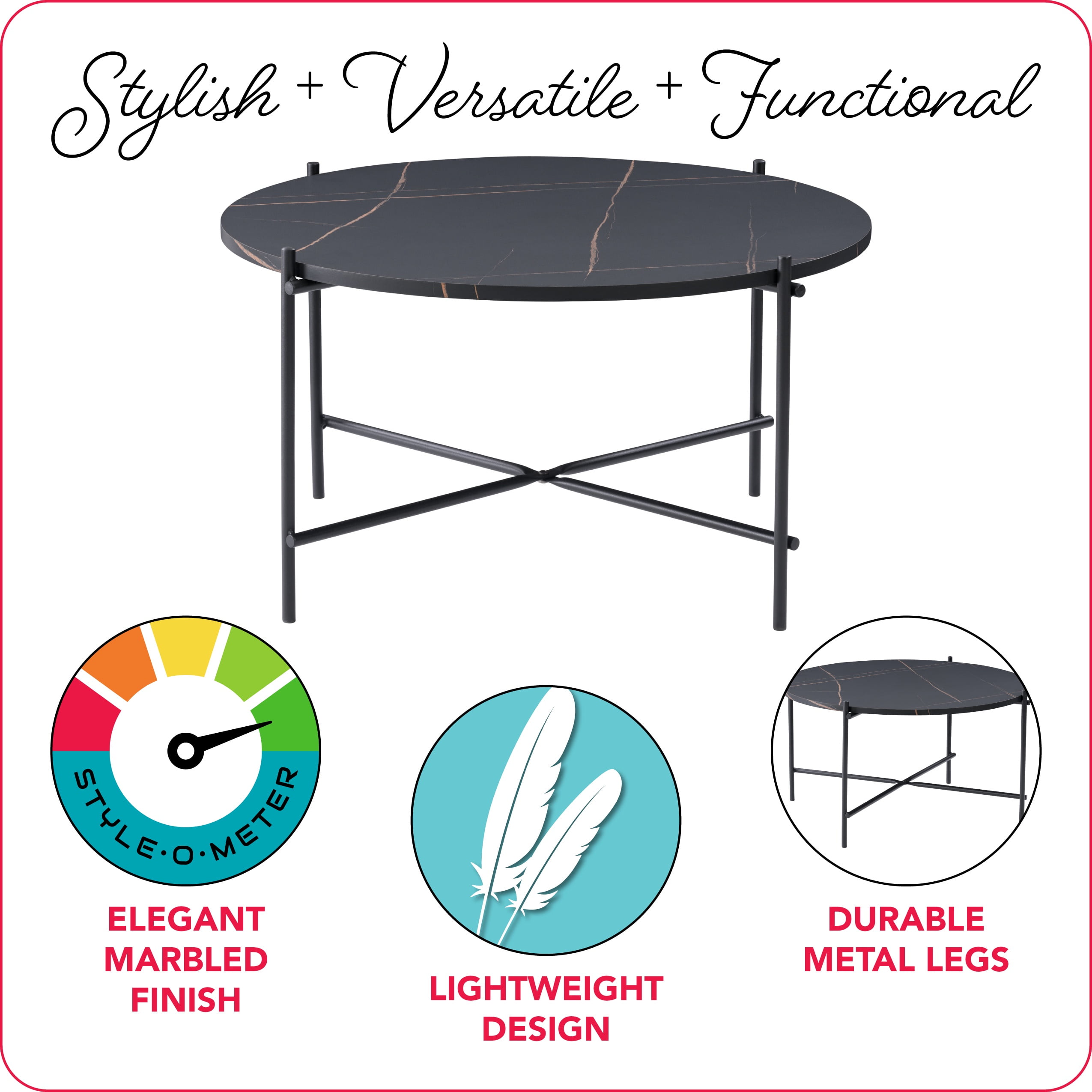 CorLiving Ayla Black Marbled Effect Engineered Wood Indoor Coffee Table with Iron Legs