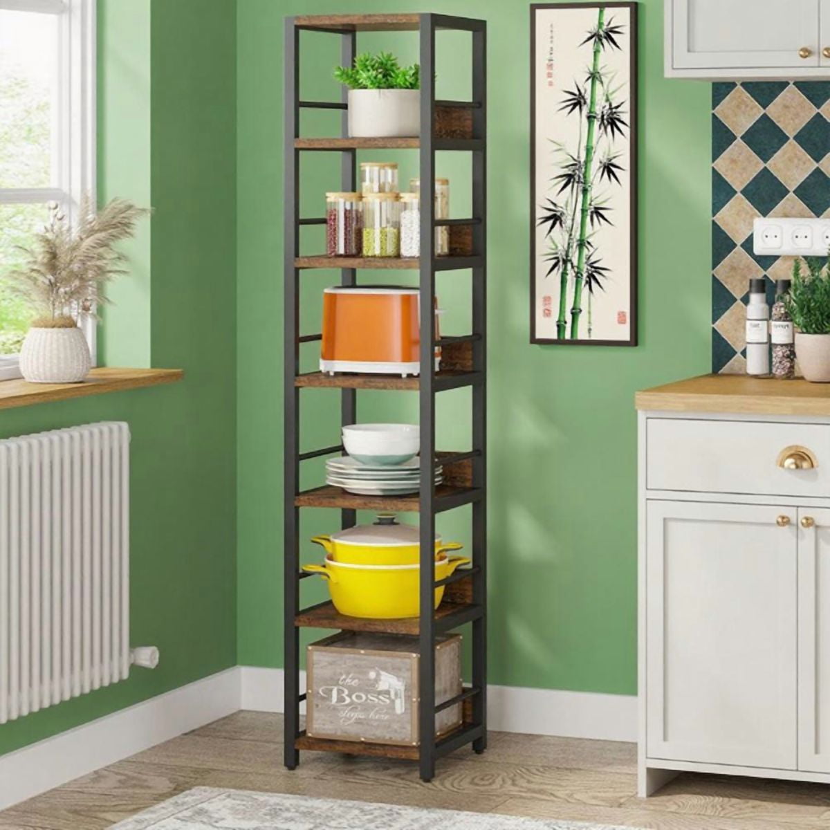 6-Tier Corner Bookshelf, Space-Saving Storage Rack with Fences, Solid Particleboard & Metal Frame, Multipurpose for Living Room, Kitchen, Bathroom
