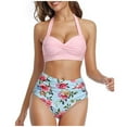 thumbnail image 2 of Patlollav Women Swimsuit Two Piece Retro Halter Ruched High Waist Print Bikini Set, 2 of 6