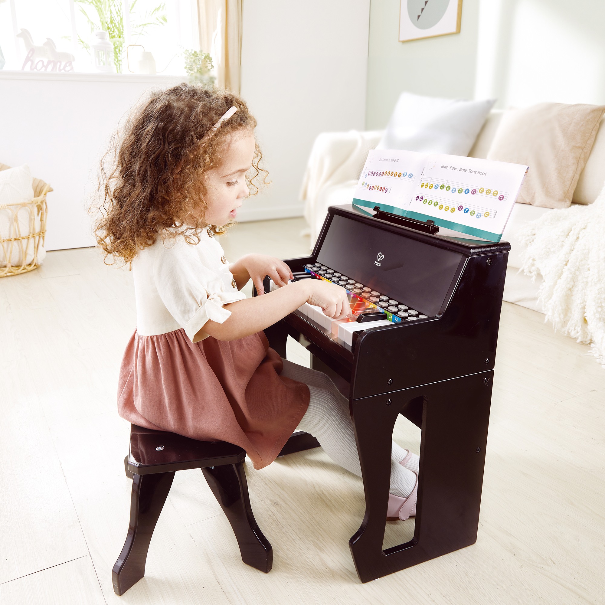 Hape: Learn With Lights Piano w/ Stool - Black - Wooden Electric Musical Toy, 25 Light-Up Keys, Demo Tunes, Record & Playback, Instrument, Kids Age 3+