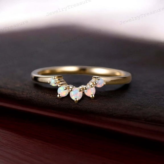 JEWELRYTREASURE 2.5 mm / 0.20 Ct Fire Opal Band Curved Wedding Band 9k Yellow Gold Engagement Ring Matching Stacking Jewery October Birthstone Proposal Band Gift for Her