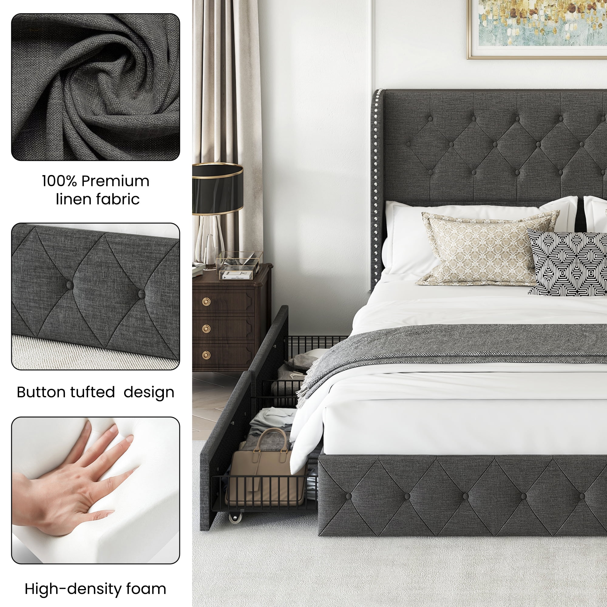Breltam King Size Bed Frame with 4 Storage Drawers, Wingback Tufted Headboard, LED Lights, Dark Grey Velvet Upholstered Platform Bed, No Box Spring Needed