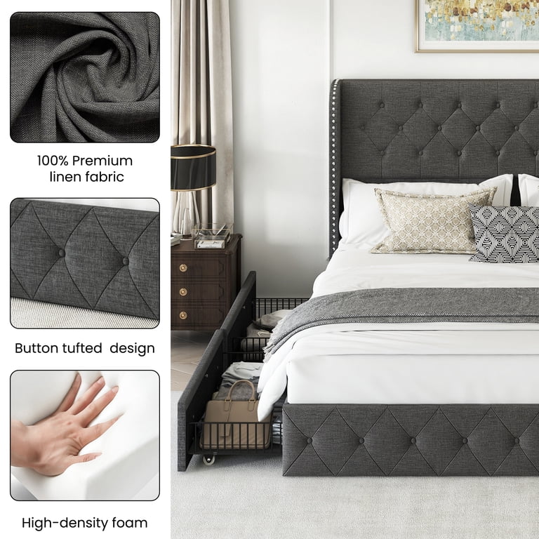 Merax Queen Size Upholstered Platform Bed With Storage Drawers & Button Tufted Headboard, Dark Gray, No Box Spring Needed