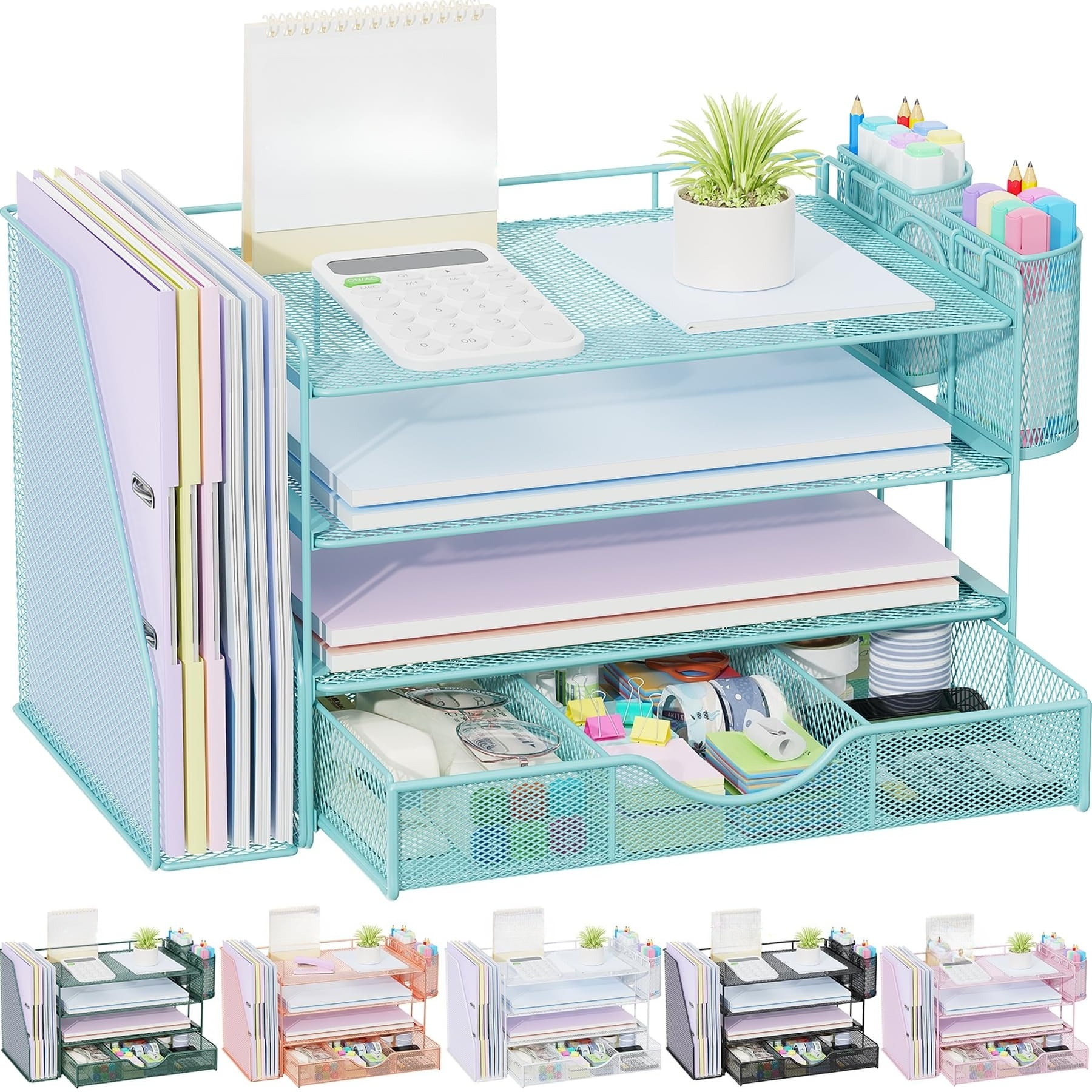 Desk Organizers and Accessories with File Holder 4-Tier Desk Accessories & Workspace Organizers with Drawer and 2 Pen Holder Paper Organizer