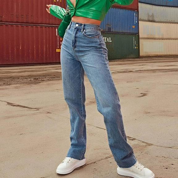 Jacenvly Capri Denim for Women with Pocket Sales Fashion Misses Solid Casual Pocket High Waist Jeans Button Long Pants