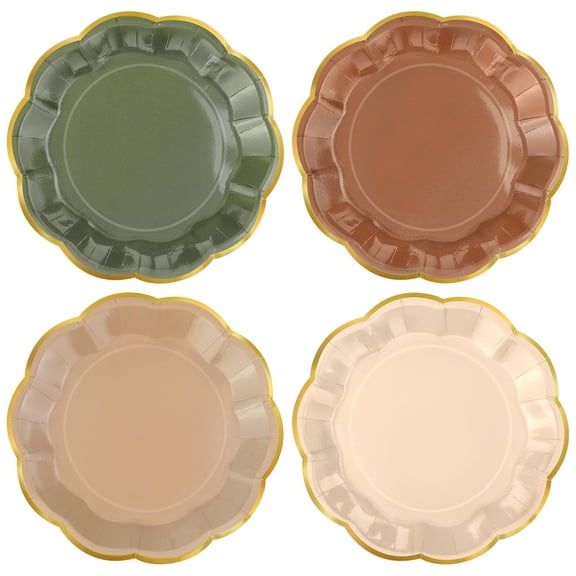 Kochorie 60 PCS Woodland Scalloped Party Plates, 7 Inch Sage Green Brown Dessert Plate, Disposable Gold Foil Border Paper Plates for Birthday Bridal Baby Shower Wedding Forest Party Supplies