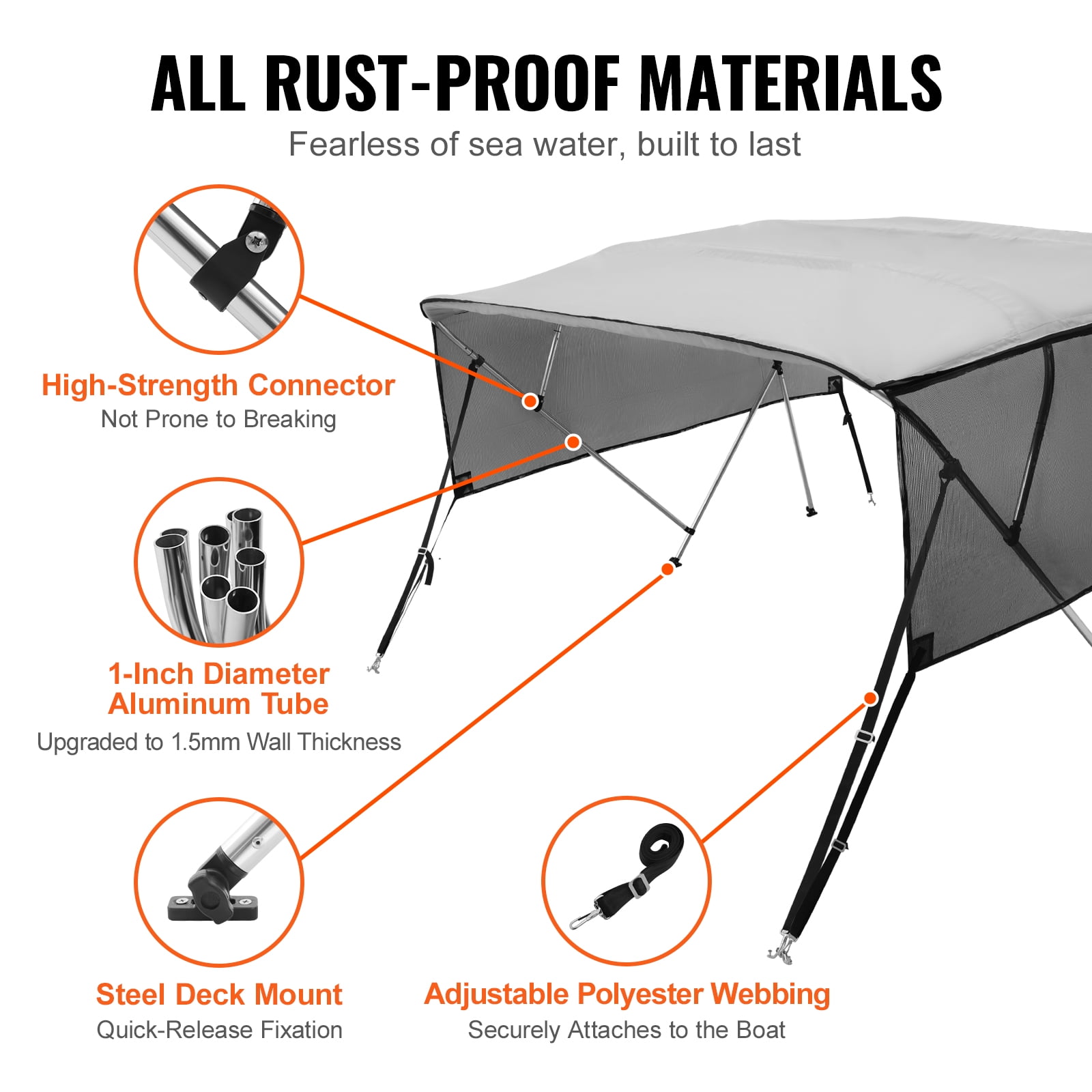 KFFKFF 4 Bow Bimini Top Boat Cover Detachable Mesh Sides 600D with Frame 91"-96"W