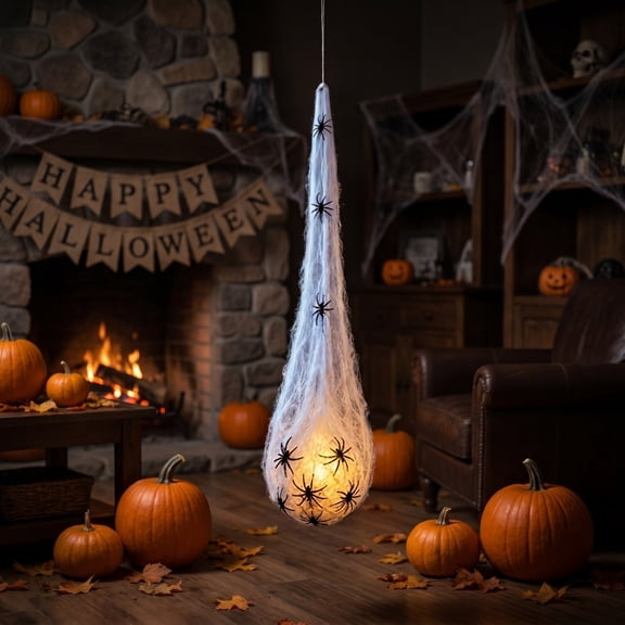 CuiLiyq Lighted Spider Cocoon Hanging Ornament, Cotton Web Teardrop Decor with Plastic Spiders, Halloween Outdoor Decor for Porch, Yard, Patio Hanging Display