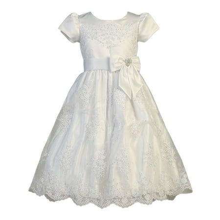 - Girls White Corded Tulle Sequin Satin Holly Communion Dress
