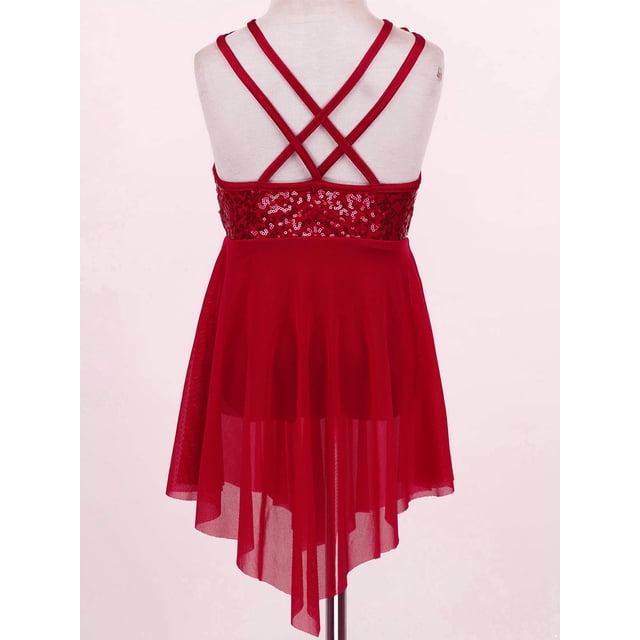 Mufeng Robe Sans Manches à Sequins Croisés pour Filles, Justaucorps de Ballet Lyrique, Robe de Danse Moderne Bourgogne 8