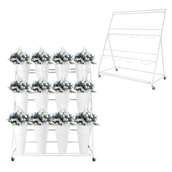 Muweixin 3-Tier Rolling Flower Stand with 12 Buckets, White Metal A-Frame Floral Display Rack on Wheels for Florist Shop, Wedding, Patio, Garden, Event and Commercial Use