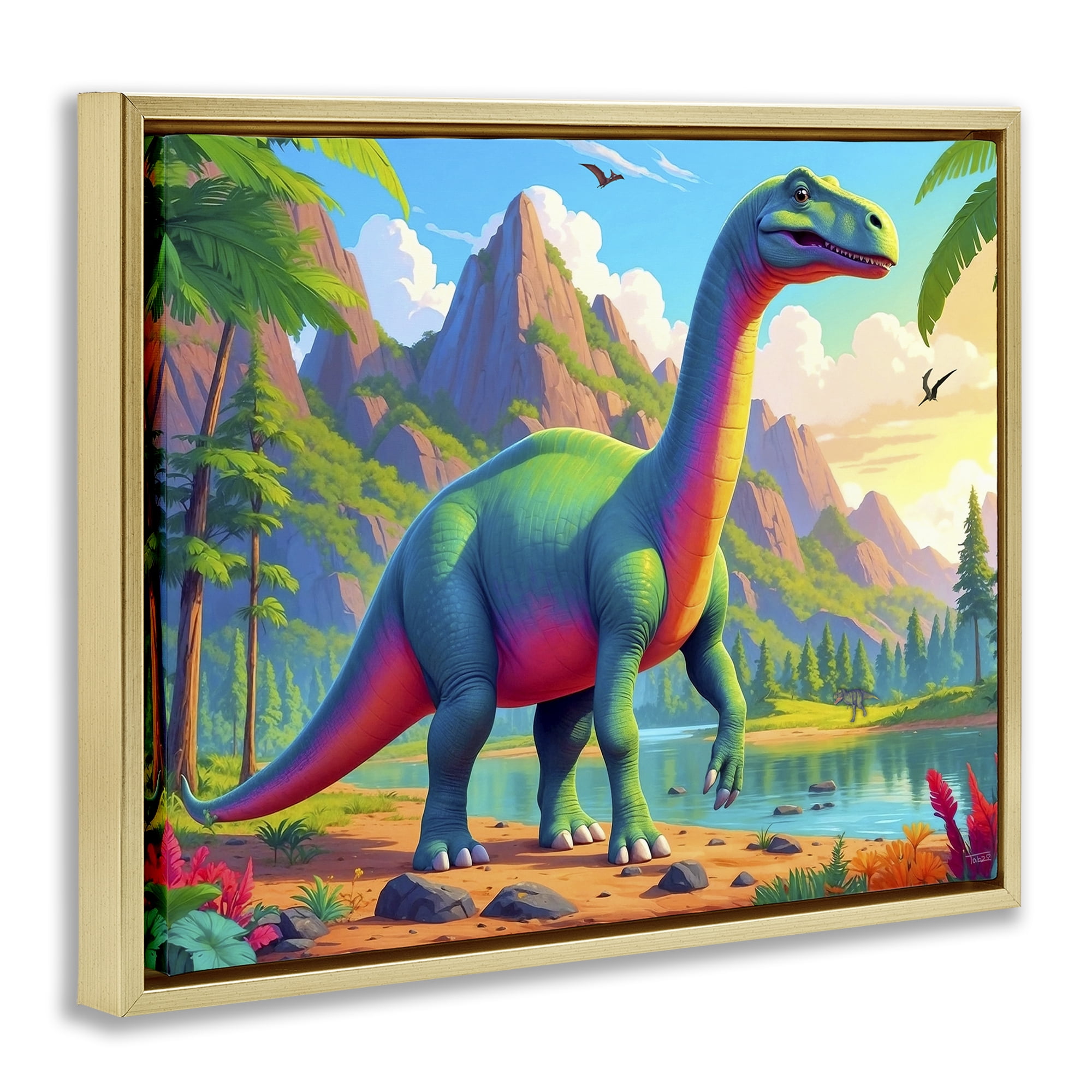 Stupell Industries Vibrant Brontosaurus by River Gold Framed Floater Canvas Wall Art, design by Tabz Jones