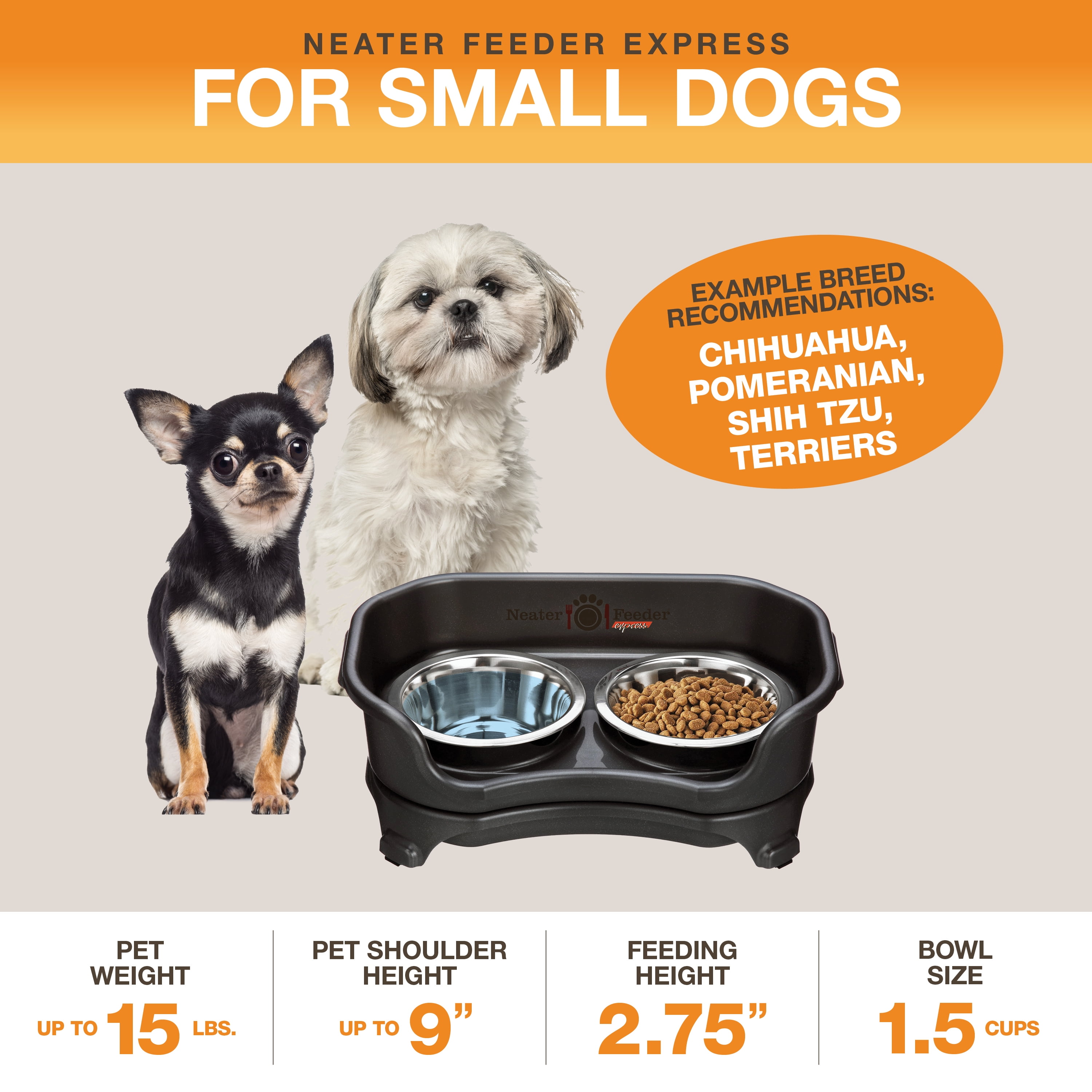 Neater Pets Neater Feeder Express Mess-Proof Elevated Food & Water Bowls for Small Dogs, Black