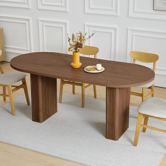 70.8 Inch Oval Dining Table for 4-6 People, Kitchen Table with Wood Strip Base, Modern Farmhouse Round Dining Room Tables for Kitchen Living Room (Walnut)