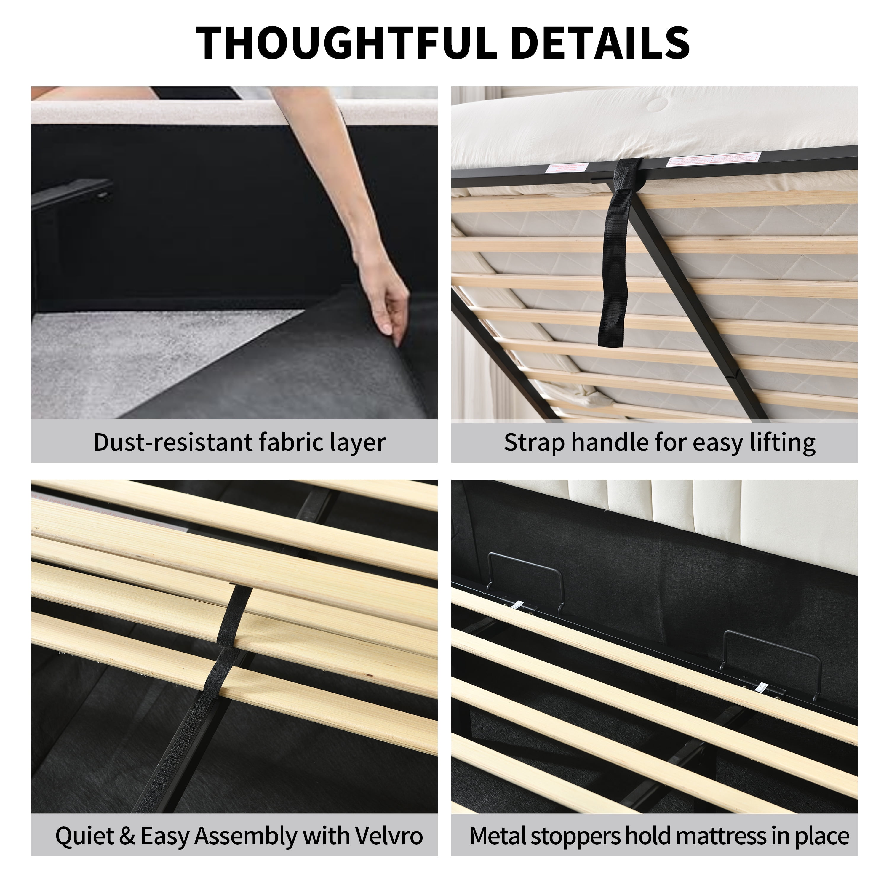 Queen Upholstered lift up Storage Bed Frame with Oversized Headboard, Built-in Nightstands and Wood Slat Support, No Box Spring Needed, Cream