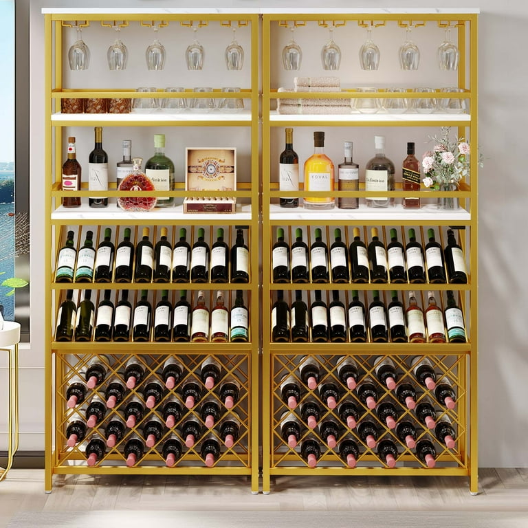 Dextrus 71 Tall Wine Rack with LED Light 5 Tier Wine Bar Cabinet with 42 Bottles Glass Holder Large Capacity Liquor Cabinet Industrial Wine