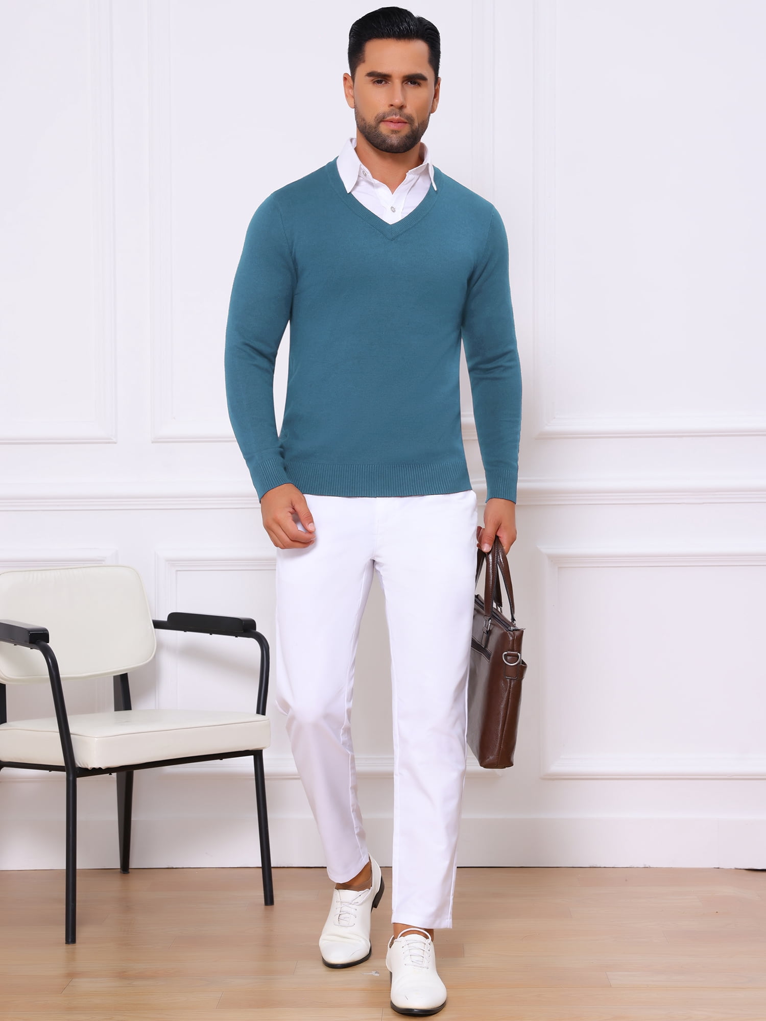 DARING DIVA Men's Long Sleeve V-Neck Solid Knitted Pullover Sweater L Blue