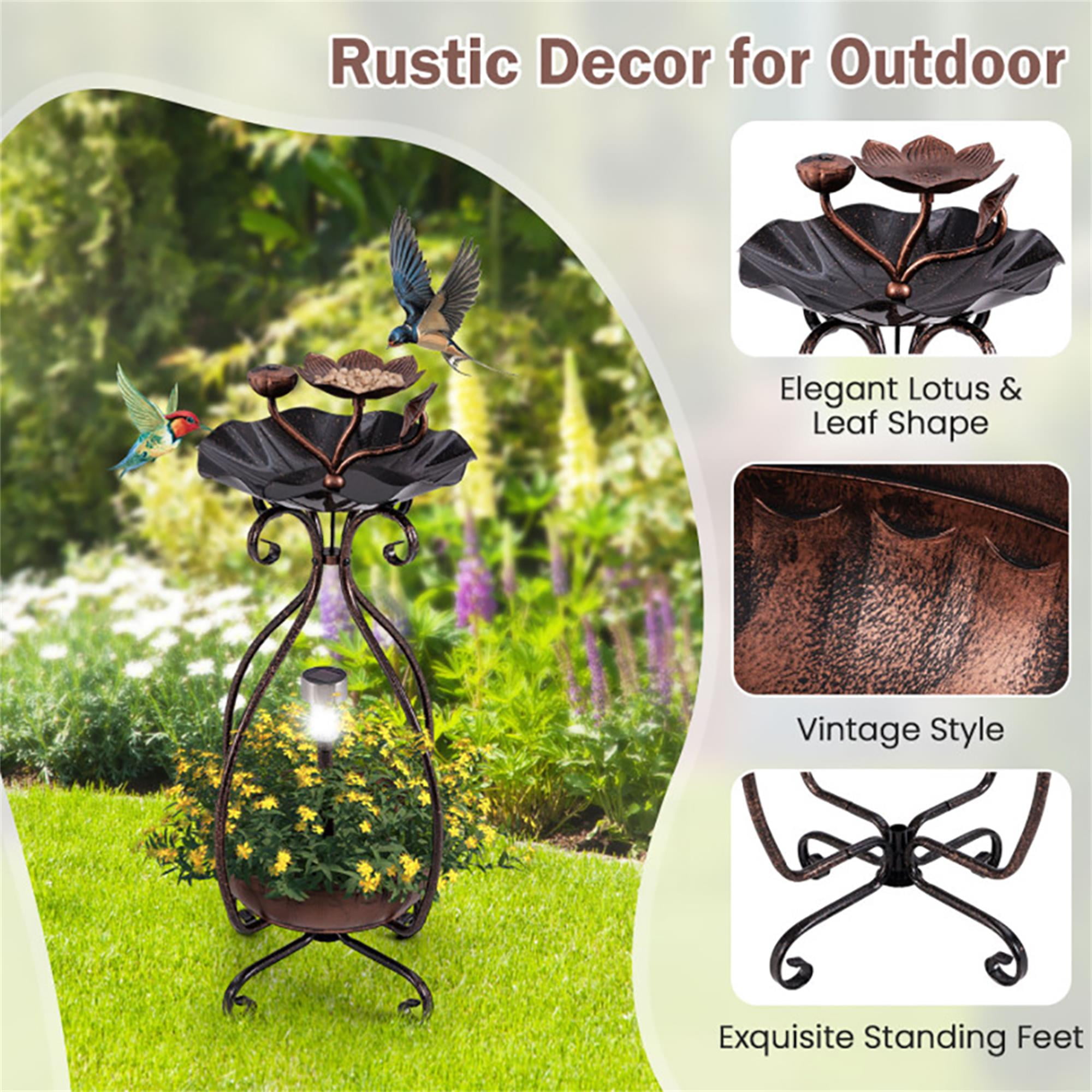 Pefilos 31" Outdoor Pedestal Garden Bird Bath with Solar Light, Bird Feeder and Flower Planter, Standing Lotus Leaf Bowl Birdbath, Brown Pefilos 31" Outdoor Pedestal Garden Bird Bath with Solar Light, Bird Feeder and Flower Planter, Standing Lotus Leaf Bowl Birdbath, Brown