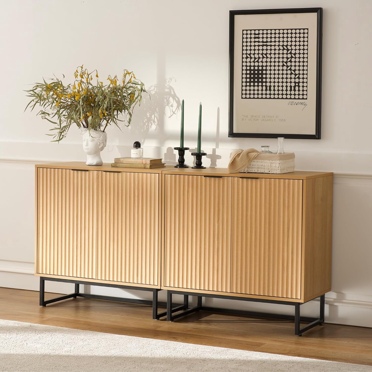 Joyyskill Fluted Storage Cabinet, Sideboard Buffet Cabinet with Adjustable Shelves, Storage Credenza Accent Cabinets, Natural Oak