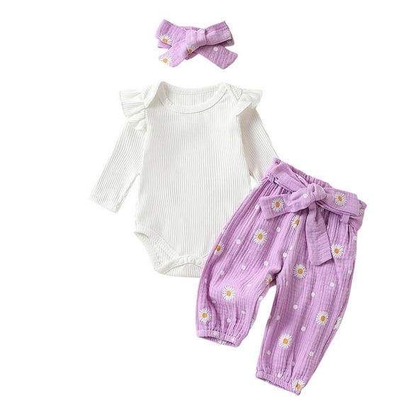 Glisme Baby Girl Outfits Knitting Ruffles Bodysuit Jumpsuit Long Pants Headband Long Sleeve Romper Set Popular Girls Clothing Light Purple Size 18-24 Months
