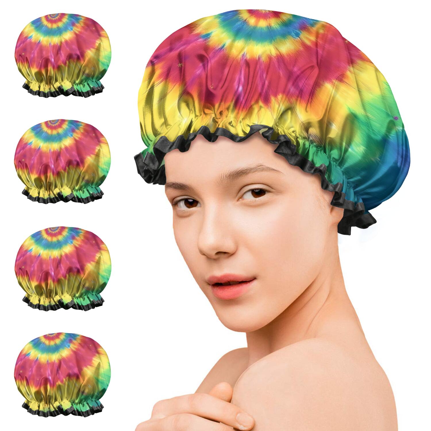 Shower Caps,Colorful Rainbow Tie Dye Spiral Pattern Waterproof Shower Cap for Women 4 Pieces,Double Reusable Hair Cover for Shower PEVA Elastic Stretch Hem