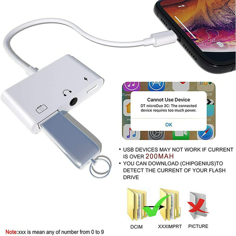  Adaptador de cámara USB 3, adaptador USB OTG hembra 3 en 1 con  carga y conector de audio para auriculares de 0.138 in para iPhone/iPad,  compatible con unidad flash USB, teclado
