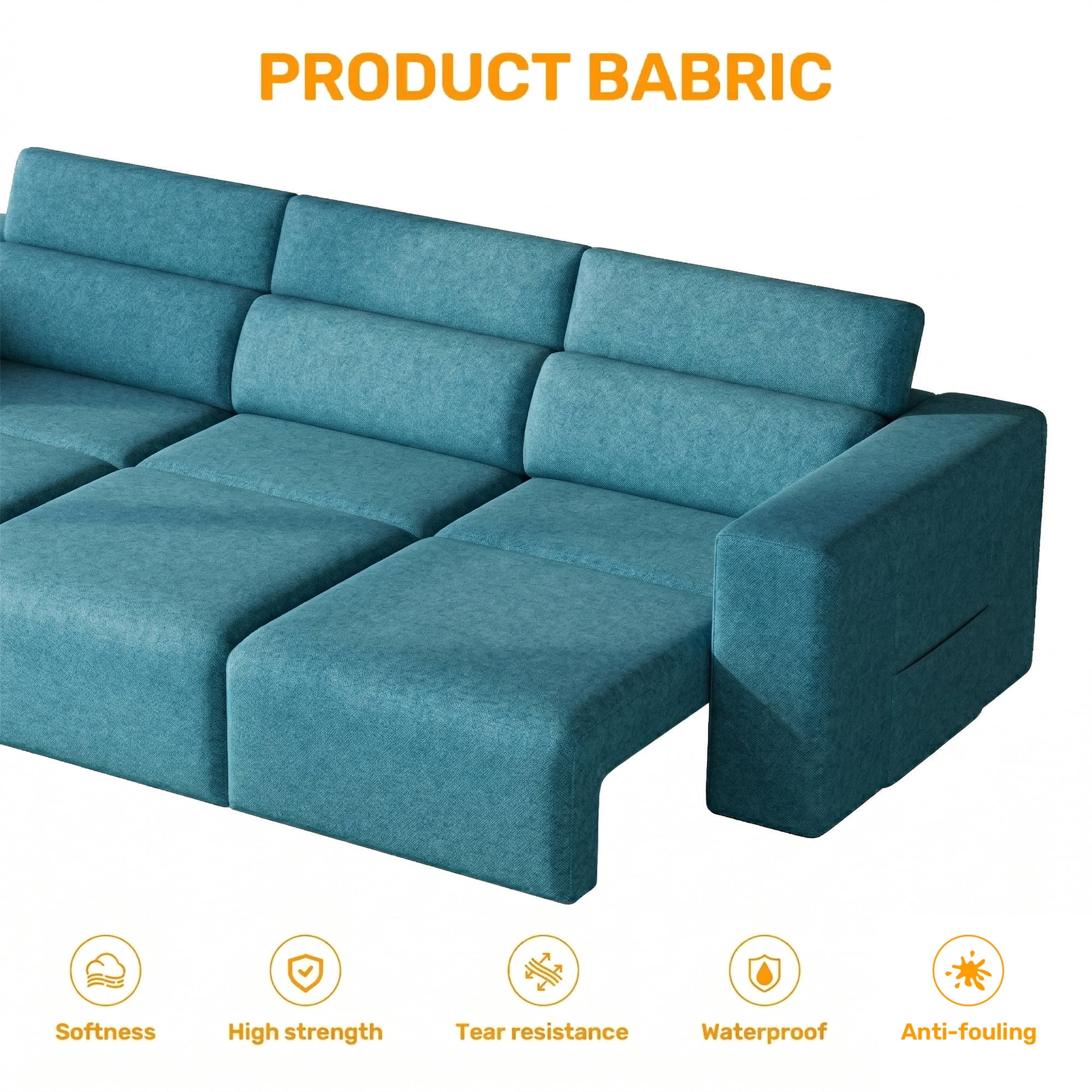 124" Convertible Power Recliner Sleeper Sofa with Adjustable Headrests, PU Leather 3-Seat Couch with Bluetooth Speakers, Wireless Charging, USB/Type-C & Night Light, Waterproof Faux Leather, Blue