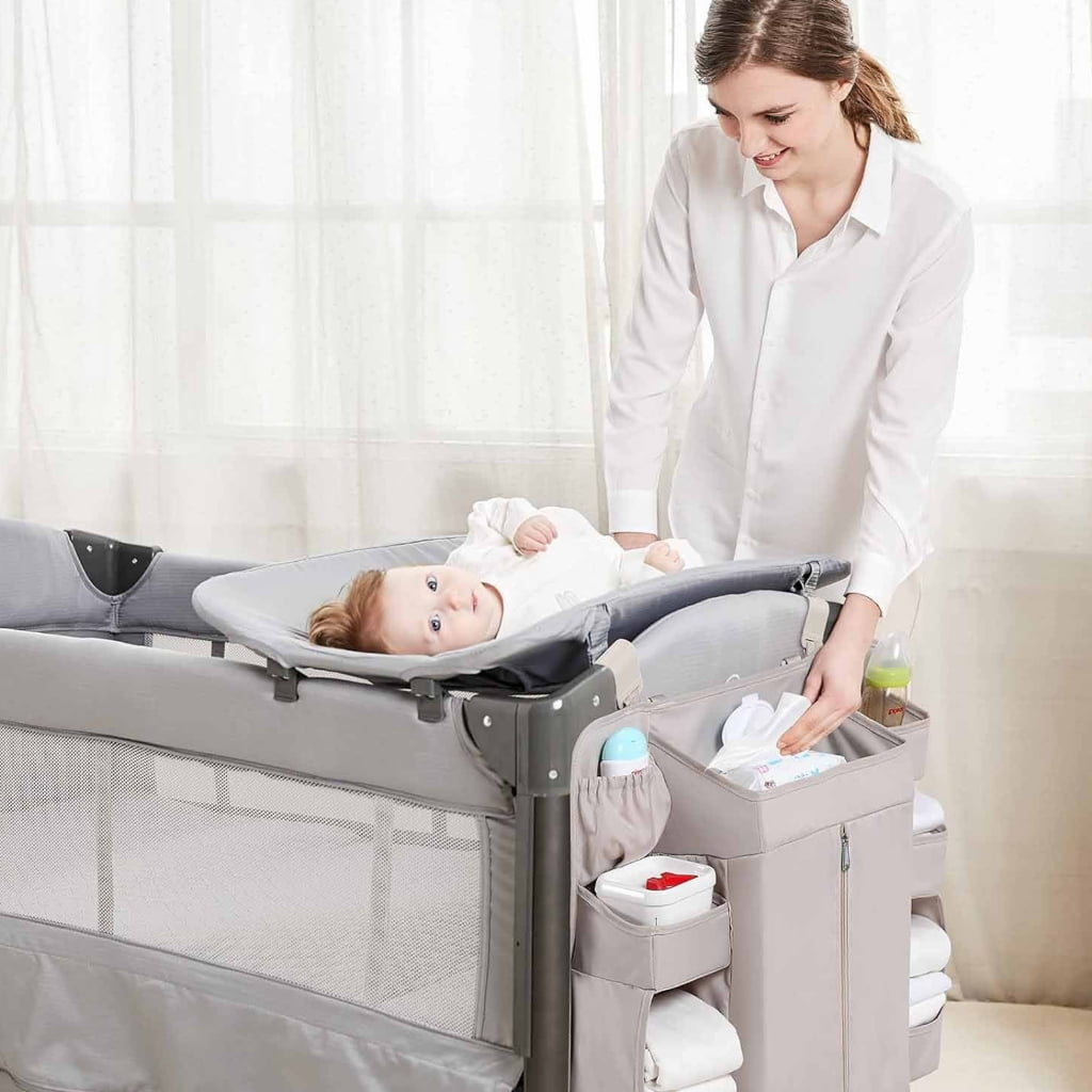 Baby Crib Hanging Organizers 6 Compartments Large Zippered Pocket Durable Fabric Nursery Storage Solution