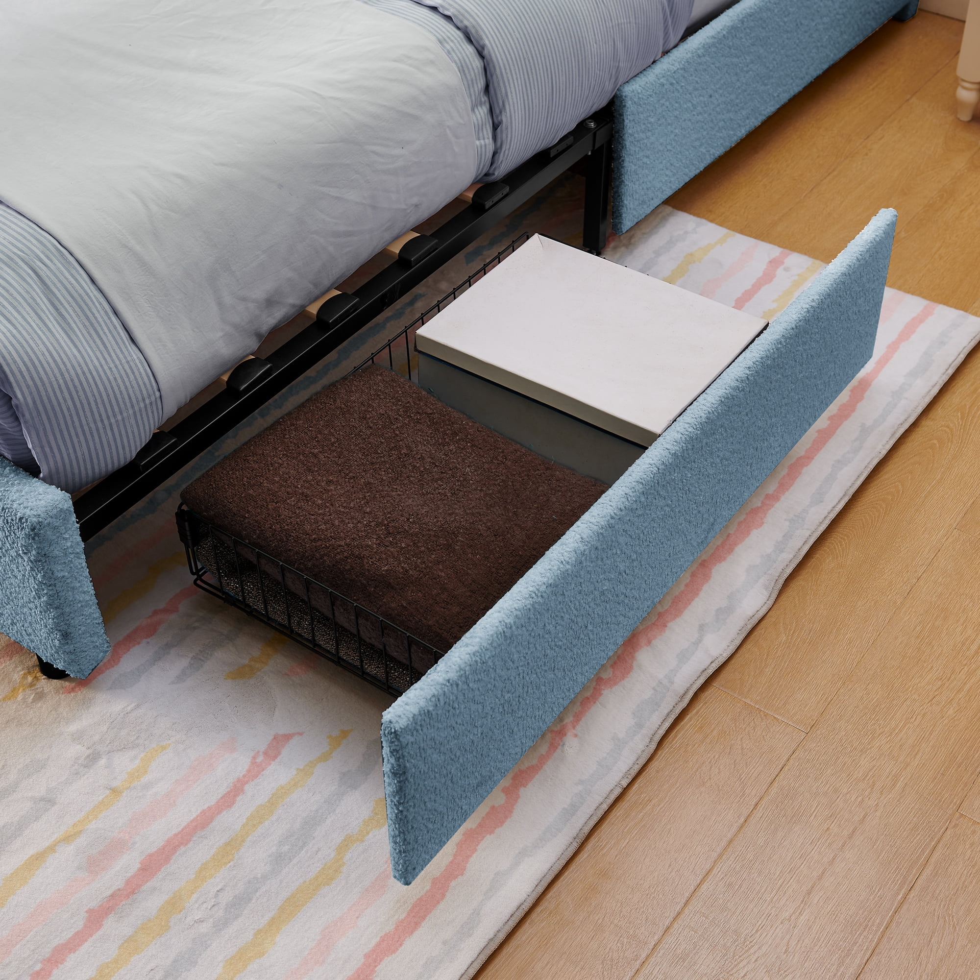 Avobird Full Size Kids Upholstered Bed with Oversized Rabbit Ear Headboard, LED Light & 4 Storage Drawers, Boucle Fabric, Navy