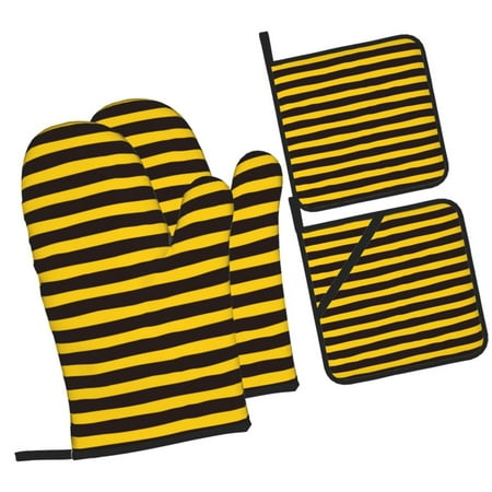 

Honeii Bee Stripe Pattern Oven Mitts and Pot Holders Silicone Oven Gloves 500 F Heat Resistant Oven Mitts Sets 4PCS