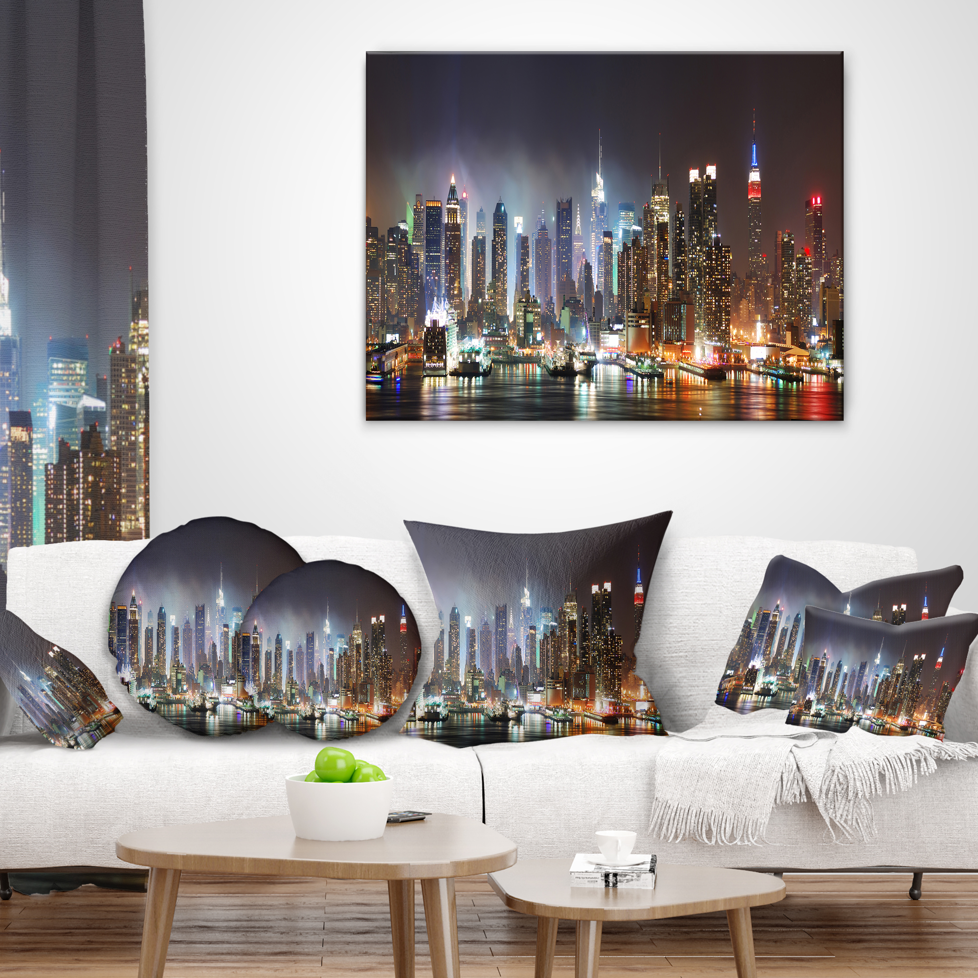 Designart Lit NYC Manhattan Skyline - Cityscape Photo Throw Pillow - 18x18