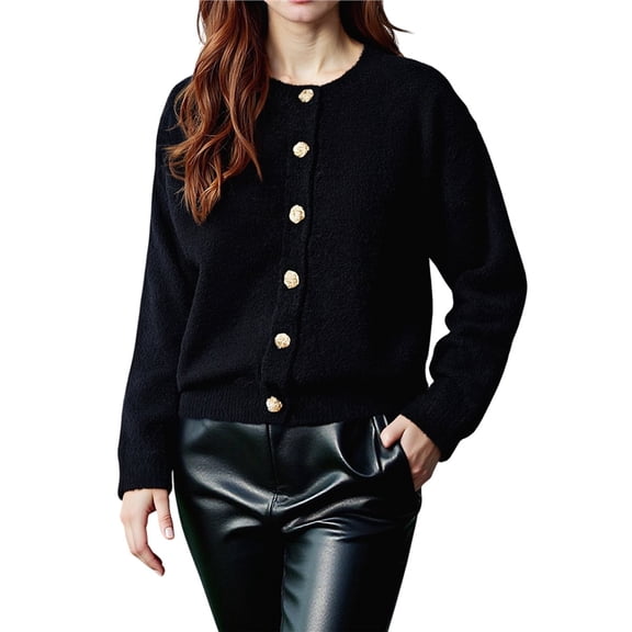 Cardigan Sweaters for Women Fall 2025 Long Sleeve Button Down Soft Loose Knit Outwear Cropped Winter Coats Black XL