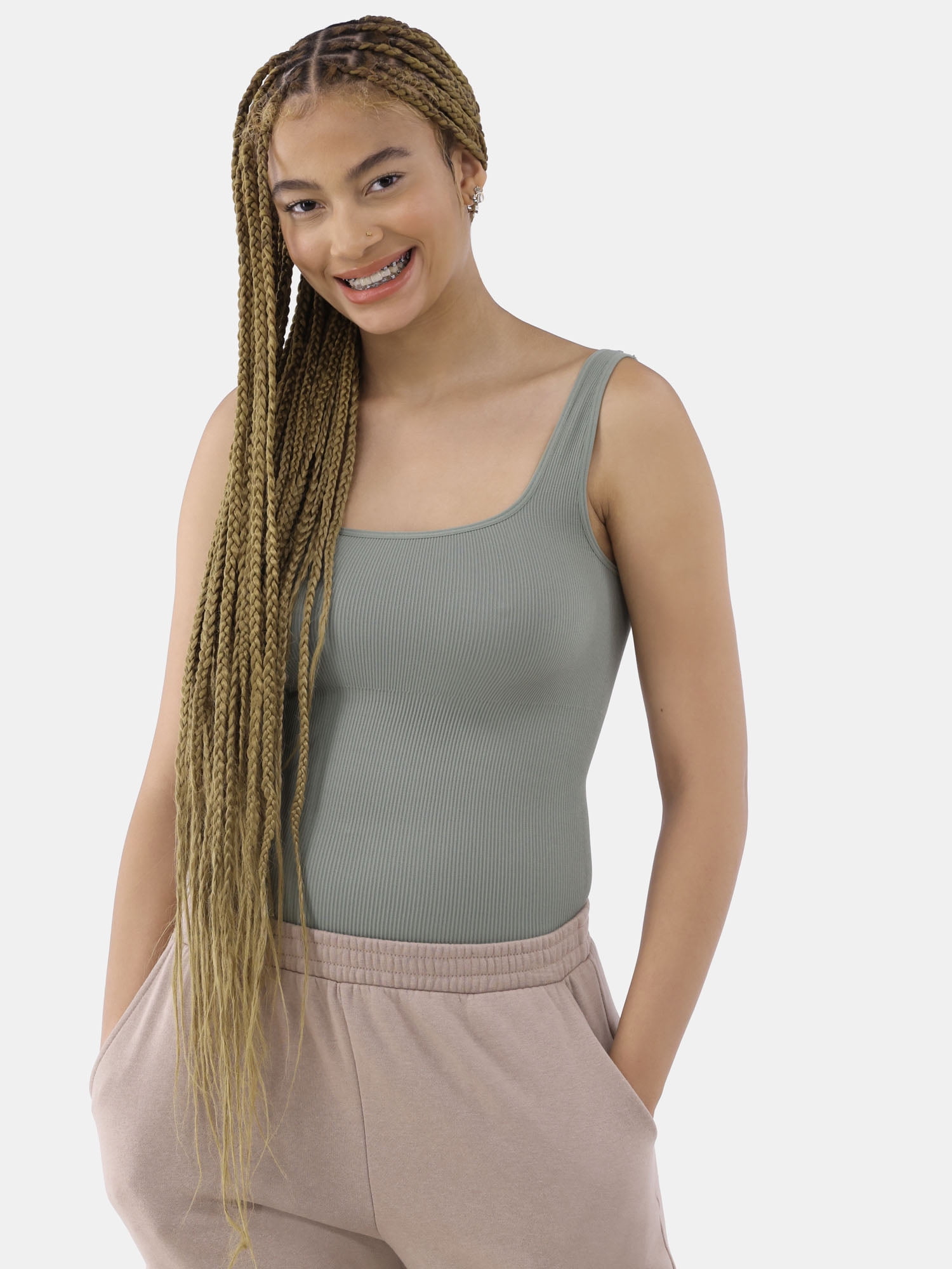 No Boundaries Women's Seamless Smoothing Rib Square Neck Bodysuit, Sizes XS-XXXL
