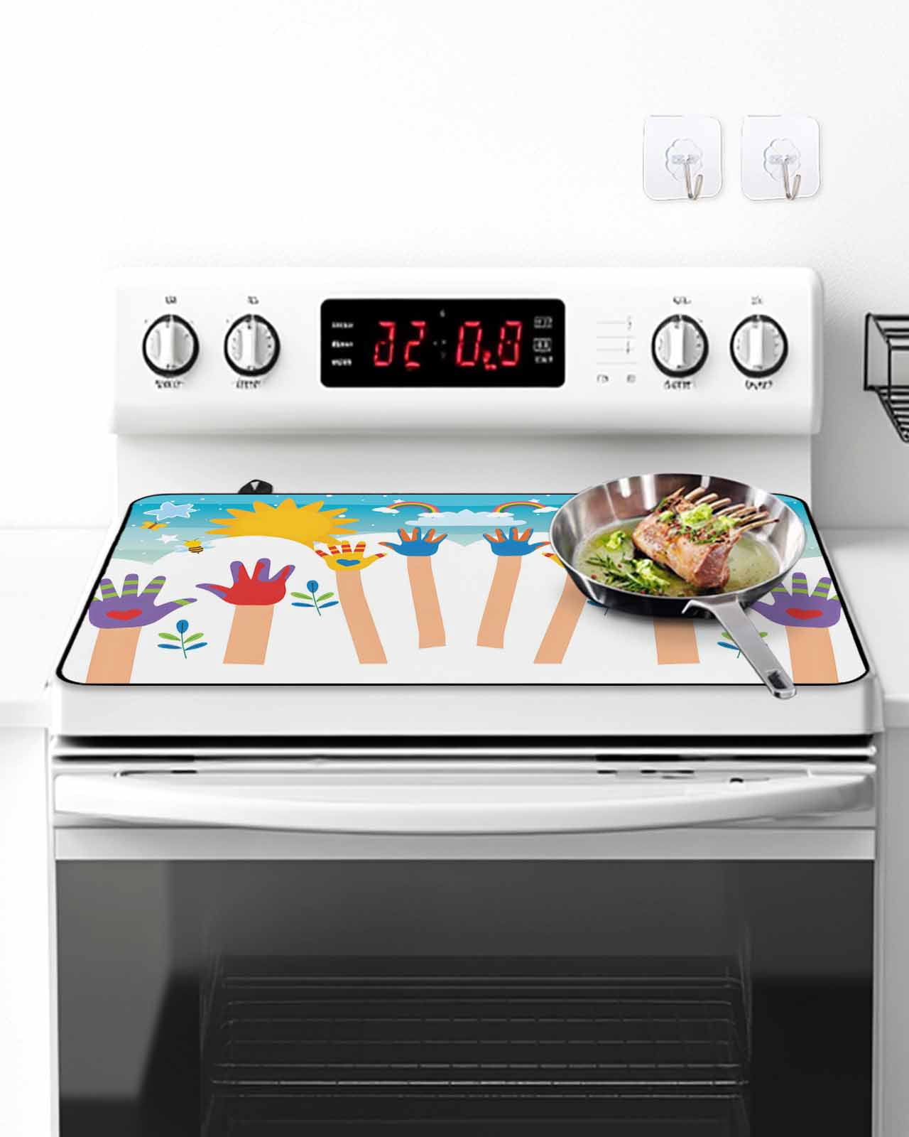 Stove Top Covers for Electric Stove, Colorful Love Heart Hand Glass Stovetop Cover Protector, Rainbow Sky Cartoon Kids Hands Induction Cooktop Protector Oven Mat for Kitchen Countertop 24"x21"