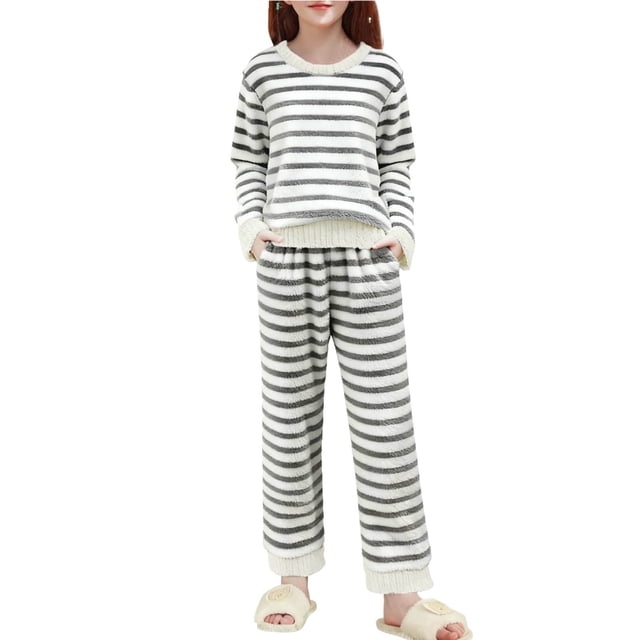 HAiming Garçons Filles Rayé Ensemble 2 Pcs Chandail à Manches Longues Col Ras du Cou Hauts d'Hiver Chauds Tendance Tenues de Nuit