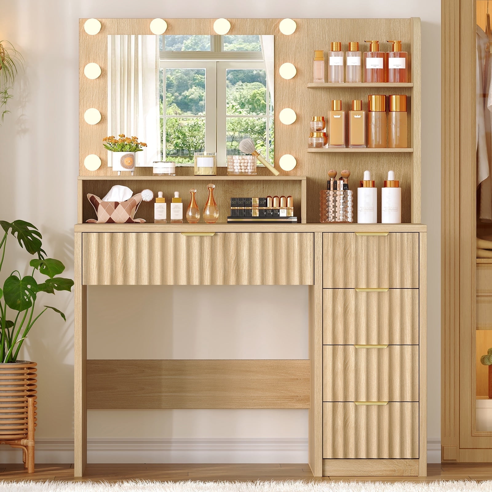 Makeup Vanity Set with Mirror & Lights, Vanity Desk with 5 Drawers & Storage Shelves, Makeup Vanity , 3 Color Modes & Adjustable Brightness Dressing Table, Bedroom, For Christmas gifts, Natural
