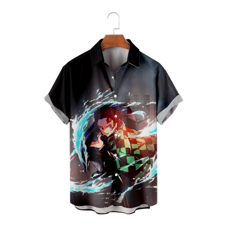 

MLFU Demon Slayer Men Dad Short Sleeve Button Up Shirts Regular Chest Pocket Shirt Lightweight Costume Size 100-170/XXS-8XL