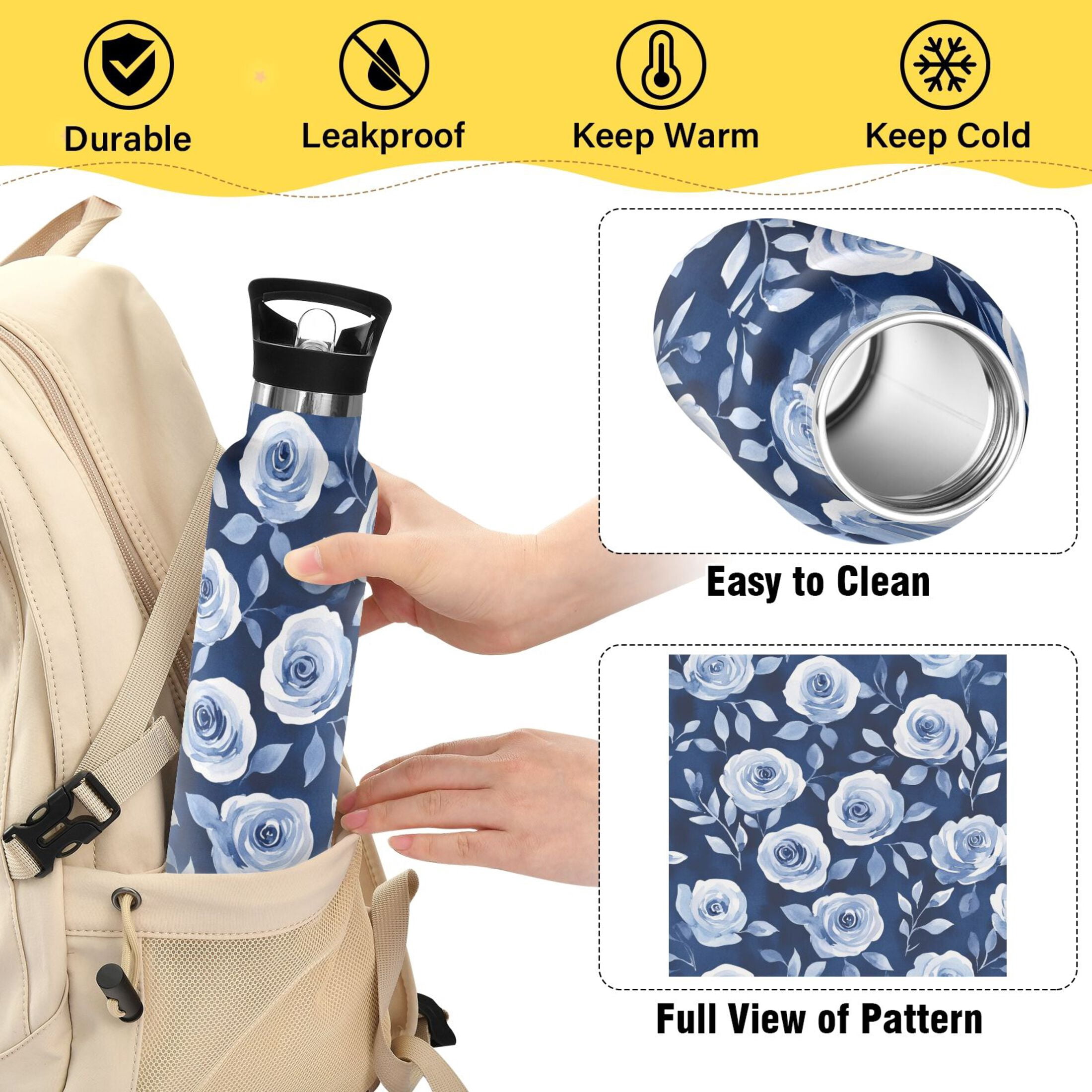 600ML Stainless Steel Insulated Cup Sports Water Bottle Portable Thermos Cup Water Glasses Insulated Tumblers Convenient and Durable Cartoon Teal Roses