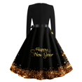 thumbnail image 5 of Women's Casual Dress Long Sleeve Round Neck New Year Printed Vintage Loose Fit Midi Dress for Spring Fall Holiday,Gold,M, 5 of 6