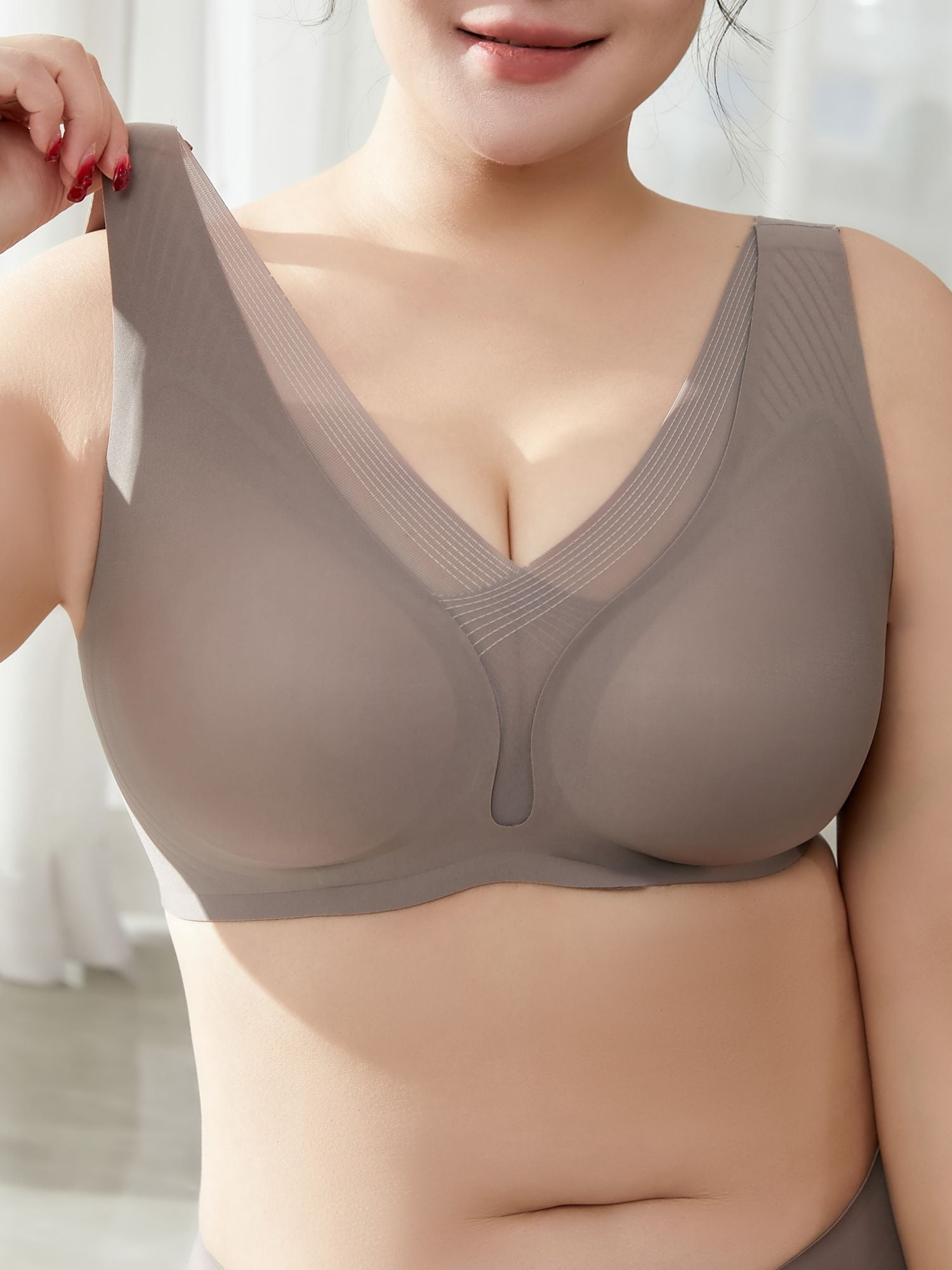 YOURISS Plus Size Seamless T-Shirt Bra, Wireless Bra, Smoothing U-Back, Semi-Fixed Pads, Full Coverage for Everyday Comfort Light Taupe L