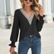 thumbnail image 2 of Top de encaje con cuello en V Manga larga Puños con volantes Camisa de mujer elegante informal de color sólido para citas de trabajo Negro S, 2 of 4