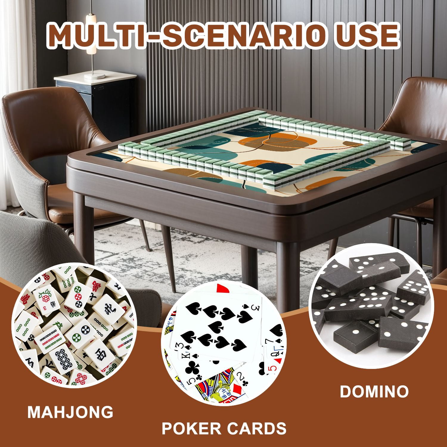 Mahjong Mat 31.5" x 31.5" Abstract Mid Century Modern Geometric Retro Shapes Teal Orange Beige Non-Slip Noise Reduction American Mahjong Tiles Table Cover for Dominoes Poker Card Board Games Gift