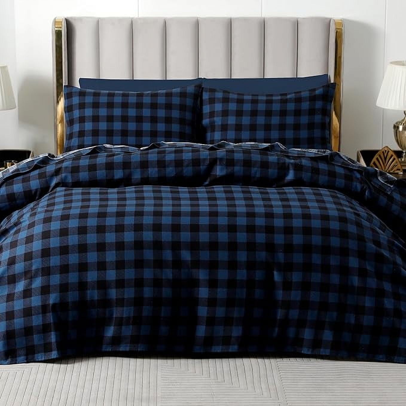 4-Piece Cotton Flannel Sheet Set, Deep Pocket Fitted, King, Buffalo Check Blue