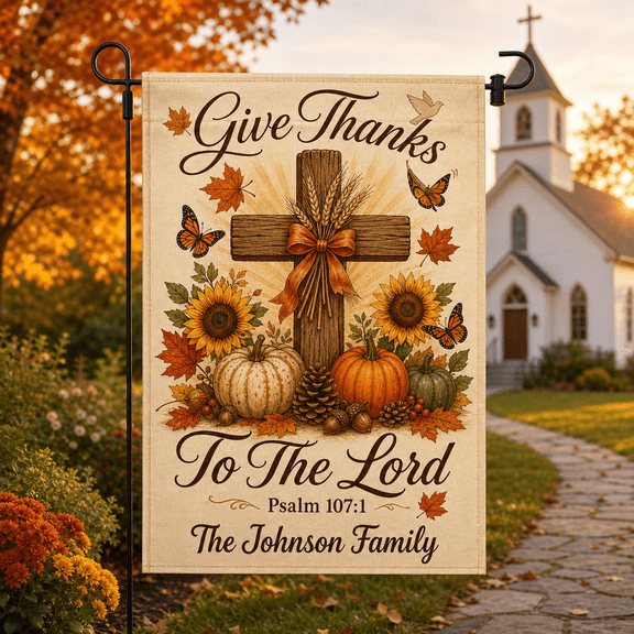 Religious Fall Garden Flag Personalized Christian Yard Decor with Cross & Pumpkins