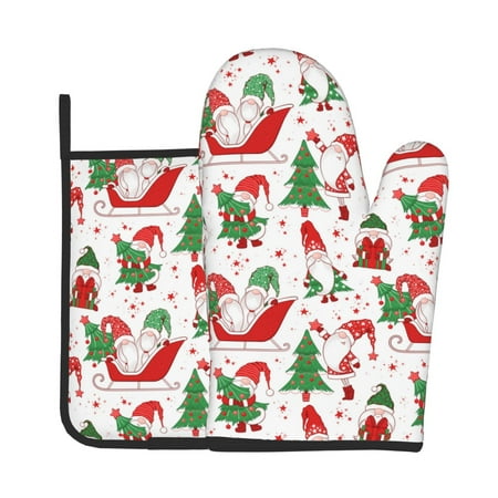 

Lukts Gnomes Merry Christmas Print Kitchen Heat-Resistant Gloves and Spacers 2pcs Set Suitable for Baking and Cooking