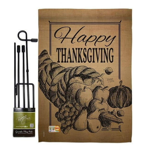 Breeze Decor BD-TG-GS-113054-IP-BO-D-US16-BD 13 x 18.5 in. Happy Cornucopia Burlap Fall Thanksgiving Vertical Double Sided Mini Garden Flag Set with Banner Pole