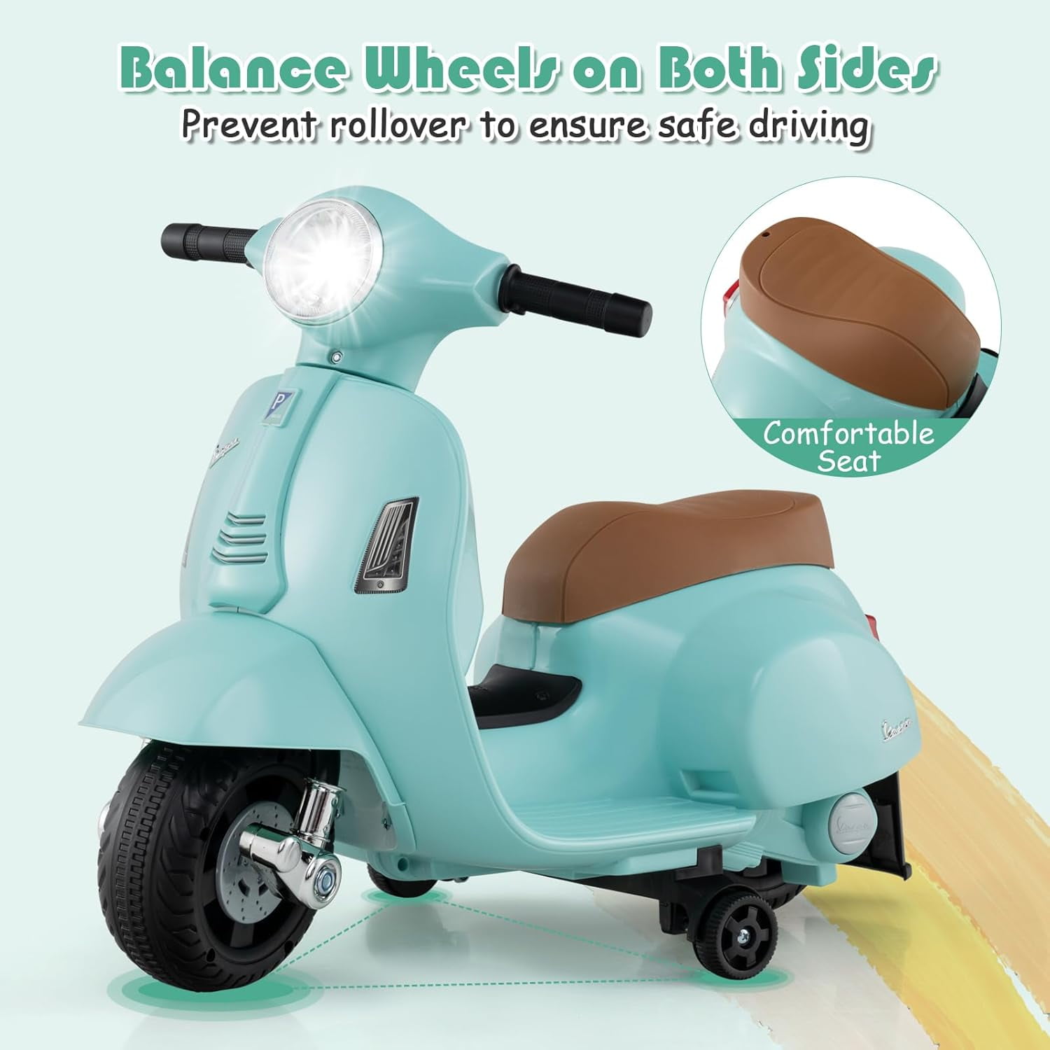 Licensed Vespa Kids Motorcycle by OLAKIDS, 6V Battery Powered Motorbike for Toddlers with Training Wheels, Horn, LED Lights, Electric Ride on Toys for Boys Girls Aged 18-36 Months