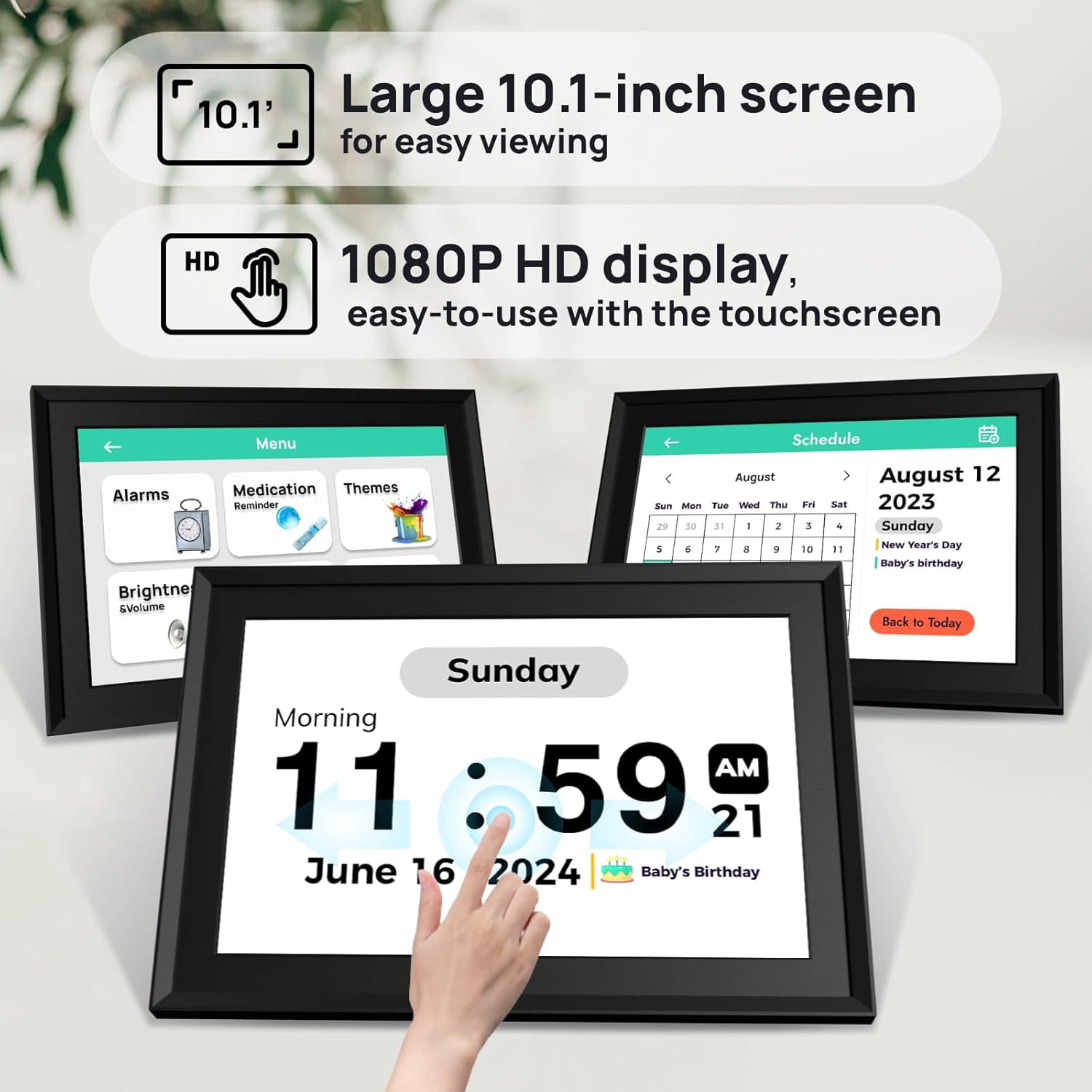 10.1 Inch Touchscreen Digital Calendar Day Clock for Seniors with Voice Alarm and WiFi Sync - Black