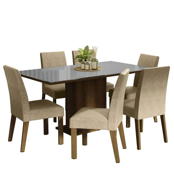 Juego de Comedor Madesa Mesa con Tapa de Vidrio y 6 Sillas Marrón/Gris/Imperial