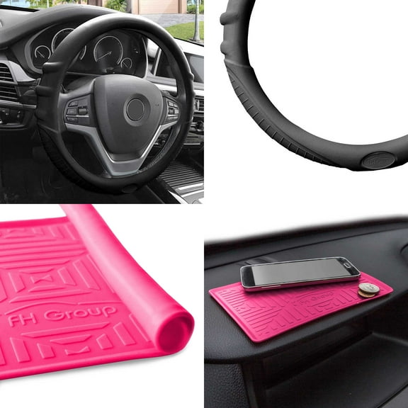 FH Group Universal Fit Silicone Steering Wheel Cover Grip Marks w/ Dash Mat for Auto Black FH3003BLACK-FH3011MAGENTA